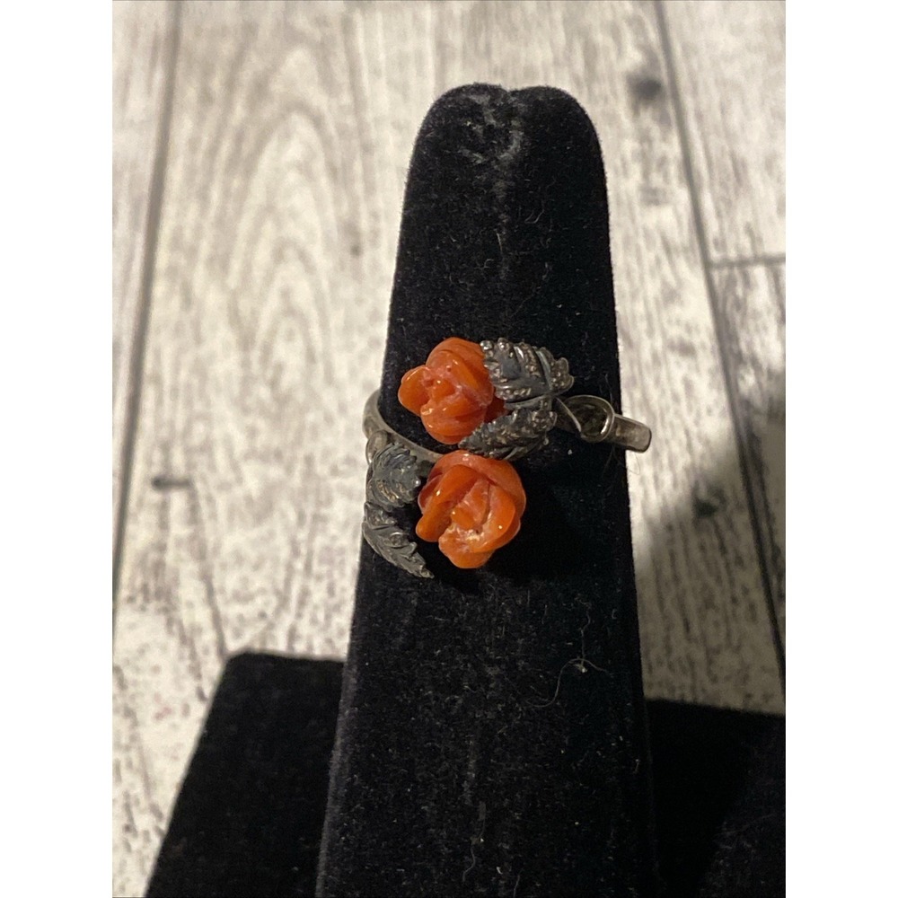 Antique Sterling Silver Carved Coral Rose Flower Adjustable Ring Art Nouveau 6